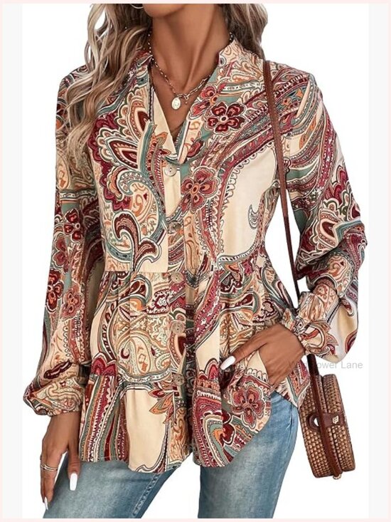 Tops - Boho Paisley Printed Notched V Neck Bishop Long Sleeve Ruffle Hem Blouse Peplum